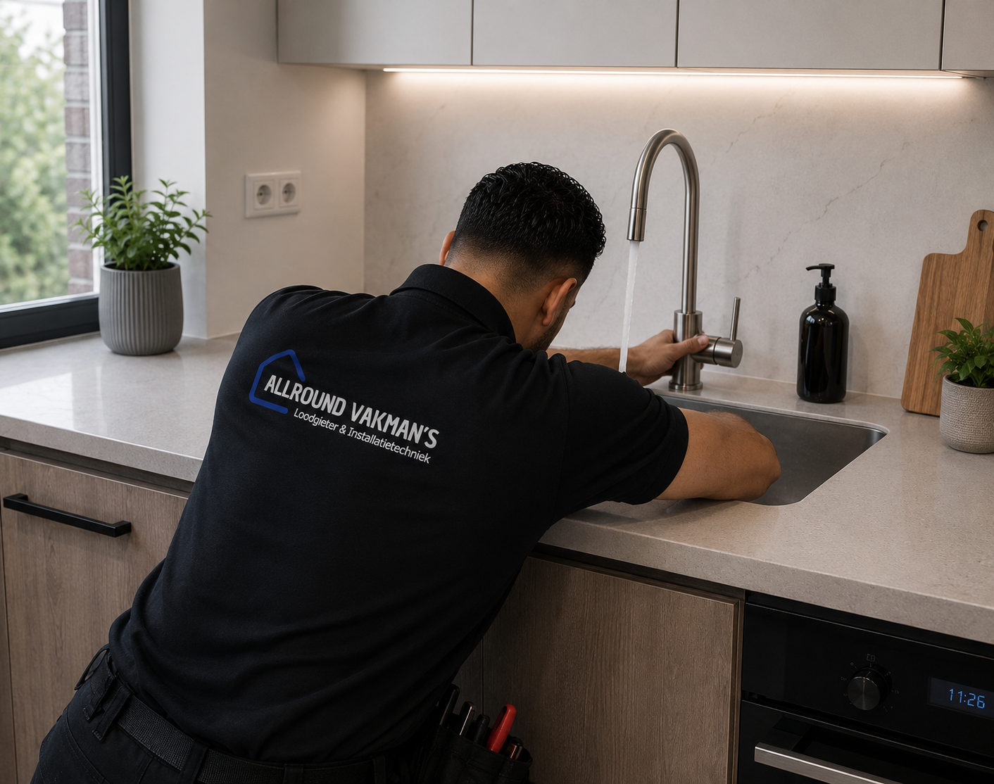 Allround Vakman's loodgieter bezig met lekdetectie en waterleiding reparatie in keuken Amsterdam